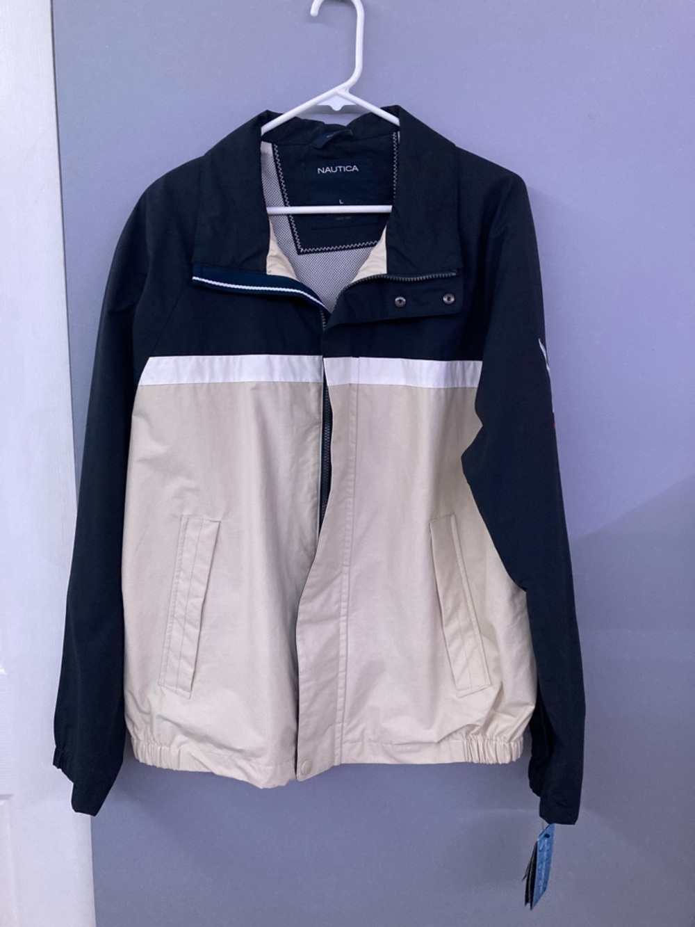 Nautica Men's Navy, Beige & White Colorblock Windbreaker/Sailing Jacket